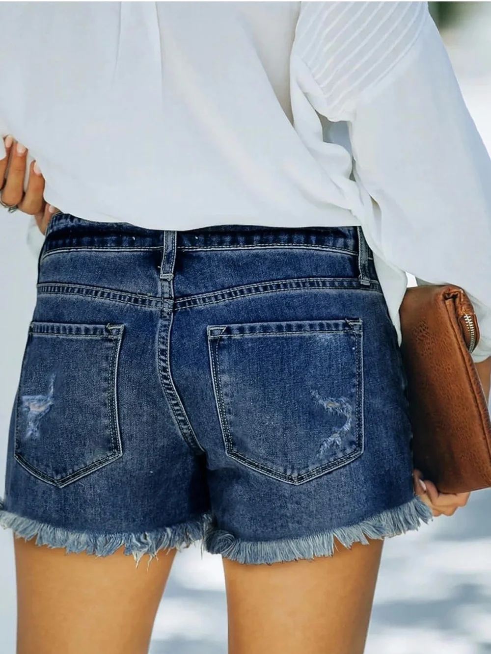Women's Dark Blue Distressed Denim Shorts with Frayed Hem